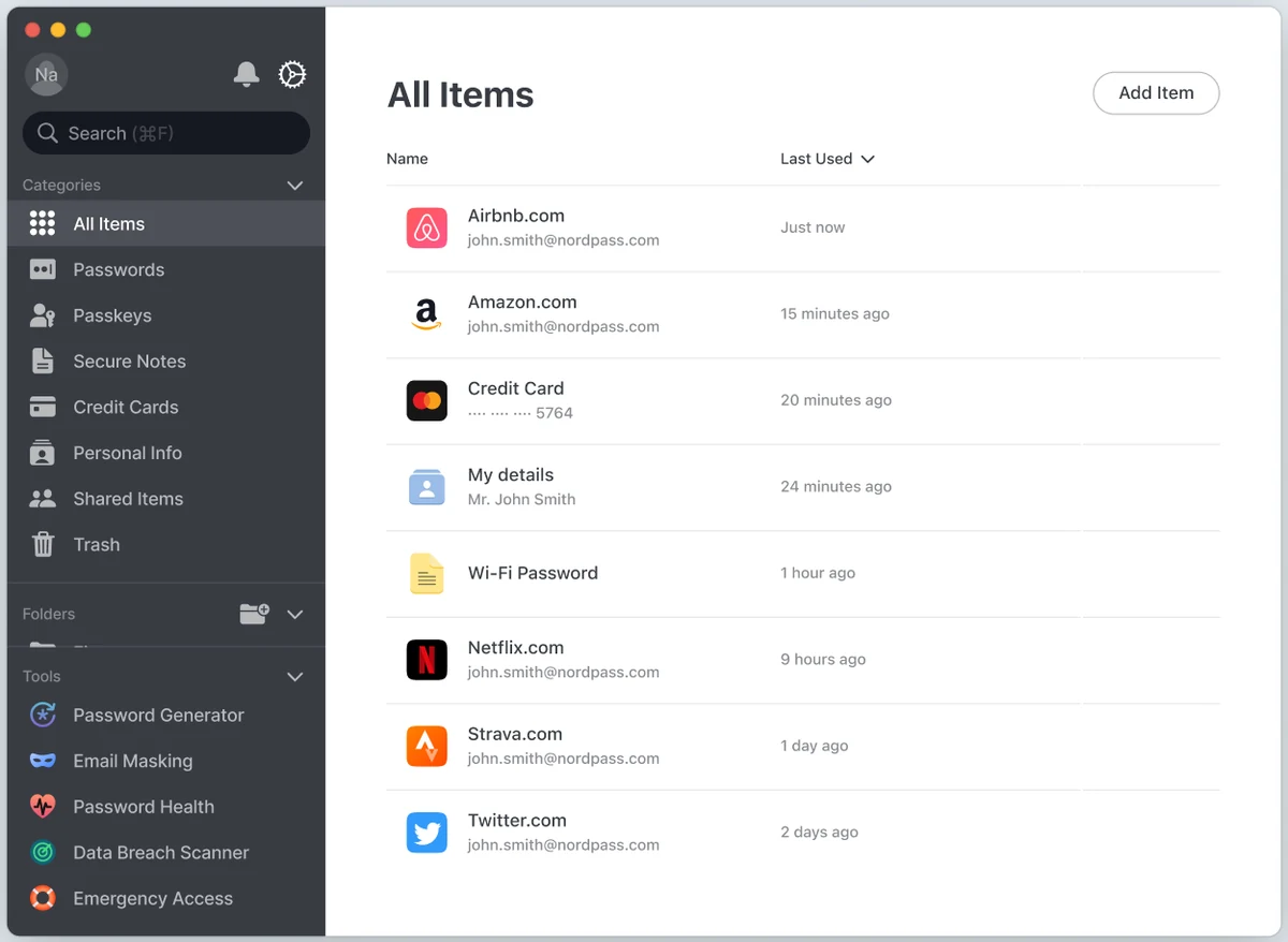 The NordPass app: a list of saved logins, cards and notes, with folders and tools in the sidebar