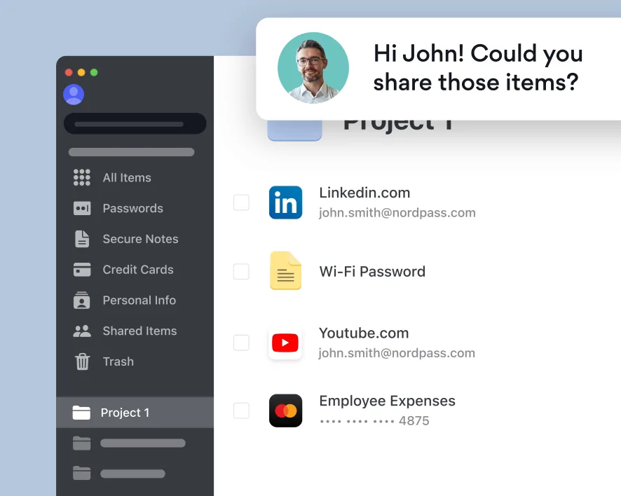 Clip: sharing three items from a NordPass folder by email, then the other person finding them under Shared Items